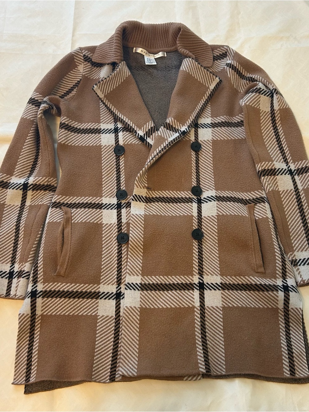 Max Studio women’s Brown Plaid Double-Breasted Pea Coat.Size XS